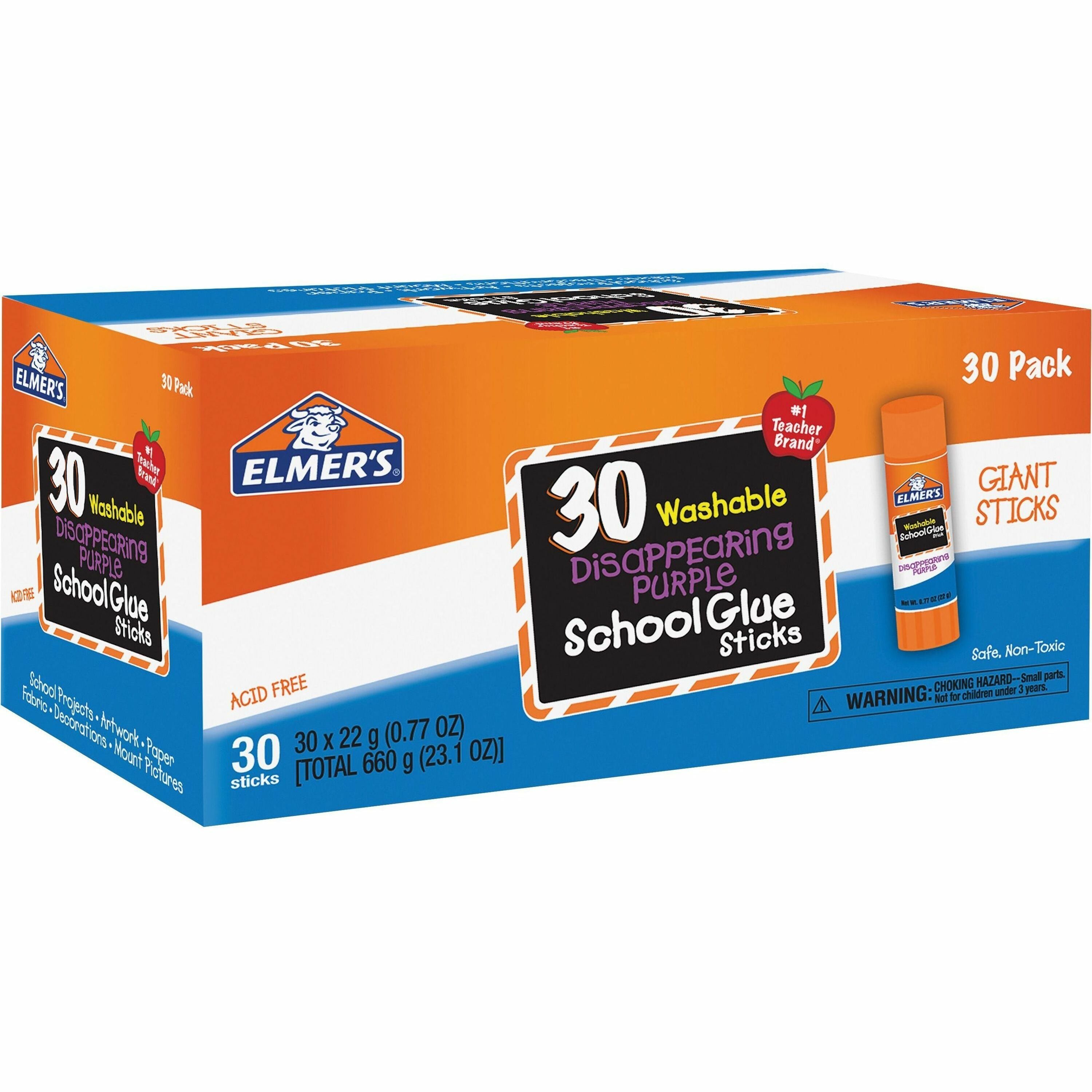 Elmer's Disappearing Purple School Glue Sticks, 0.77 oz, Purple, 30 per Box