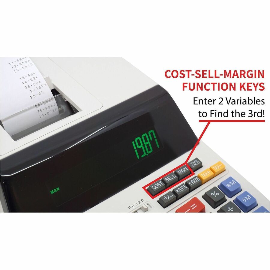 Dual Color Print - 4.5 lps - Independent Memory, Sign Change, Backspace Key, Double Zero, Fixed Decimal - 12 Digits - Fluorescent - AC Supply Powered - 3.3" Height x 8.8" Width x 12.8" Depth - Off White - 1 Each