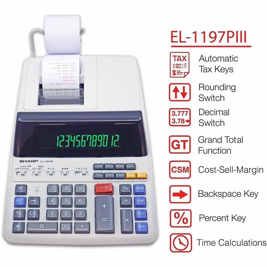 Dual Color Print - 4.5 lps - Independent Memory, Sign Change, Backspace Key, Double Zero, Fixed Decimal - 12 Digits - Fluorescent - AC Supply Powered - 3.3" Height x 8.8" Width x 12.8" Depth - Off White - 1 Each