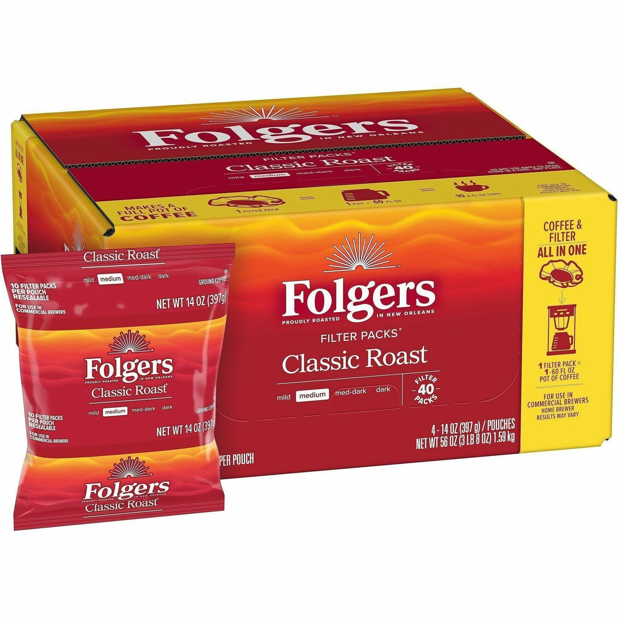 Folgers Classic Roast Coffee Filter Packs, Regular, 1.4 oz, 40 Packs per Carton