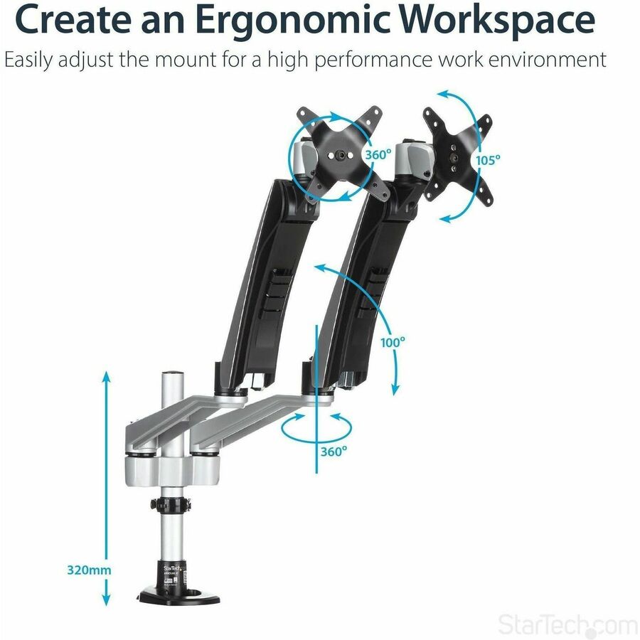 StarTech.com ARMDUAL30 Mounting Arm for Monitor - Black, Silver - TAA Compliant
