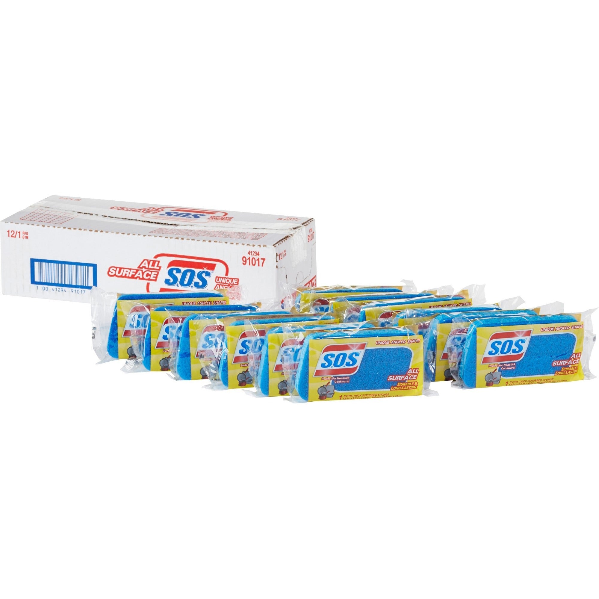 S.O.S All-Surface Scrubber Sponge, 4.5" x 2.5" x 0.9", Blue, Cellulose/Scrim, 12/Carton