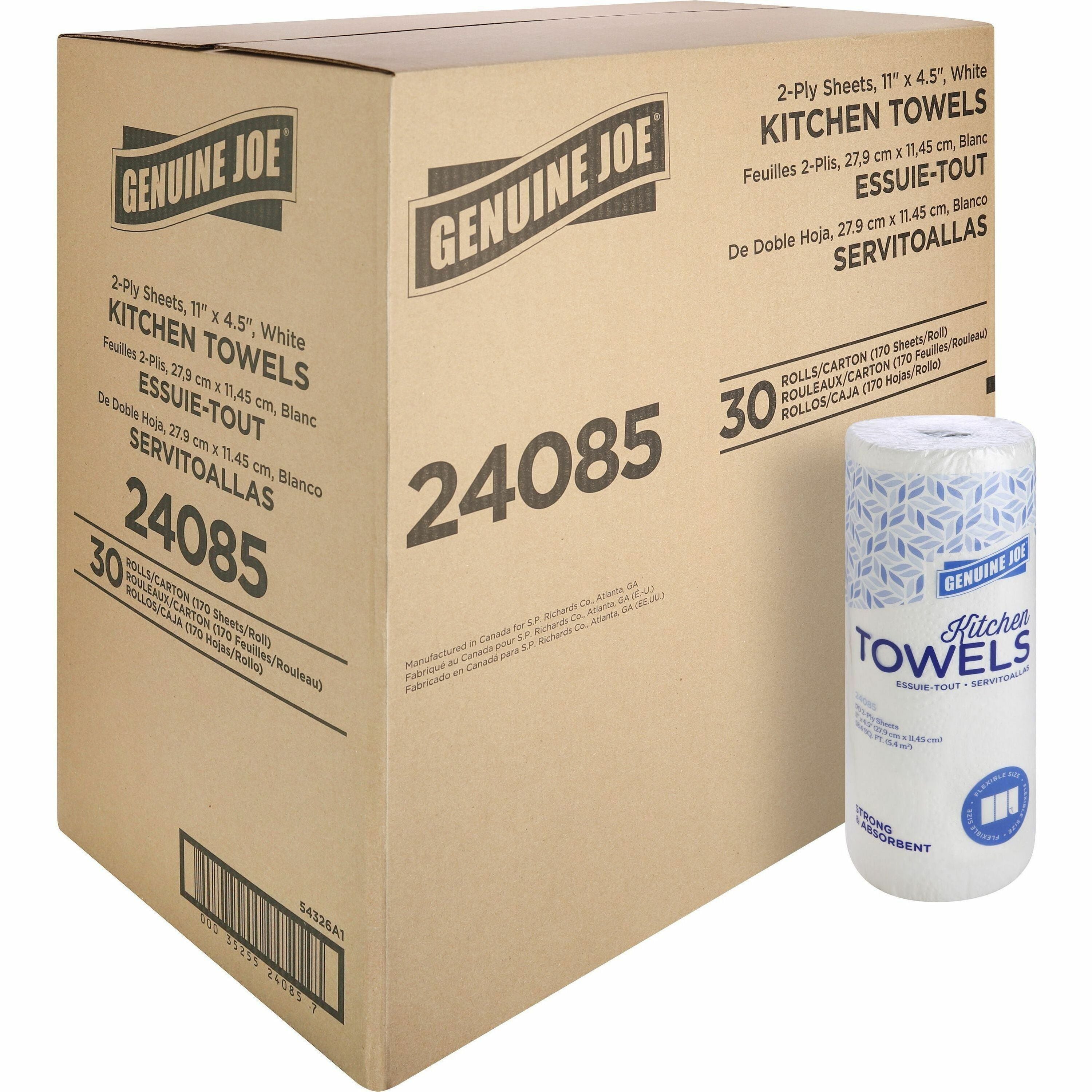 Genuine Joe Kitchen Roll Flexible Size Towels, 2-Ply, 1 5/8" Core, White, 170 Sheets per Roll, 30 Rolls per Carton
