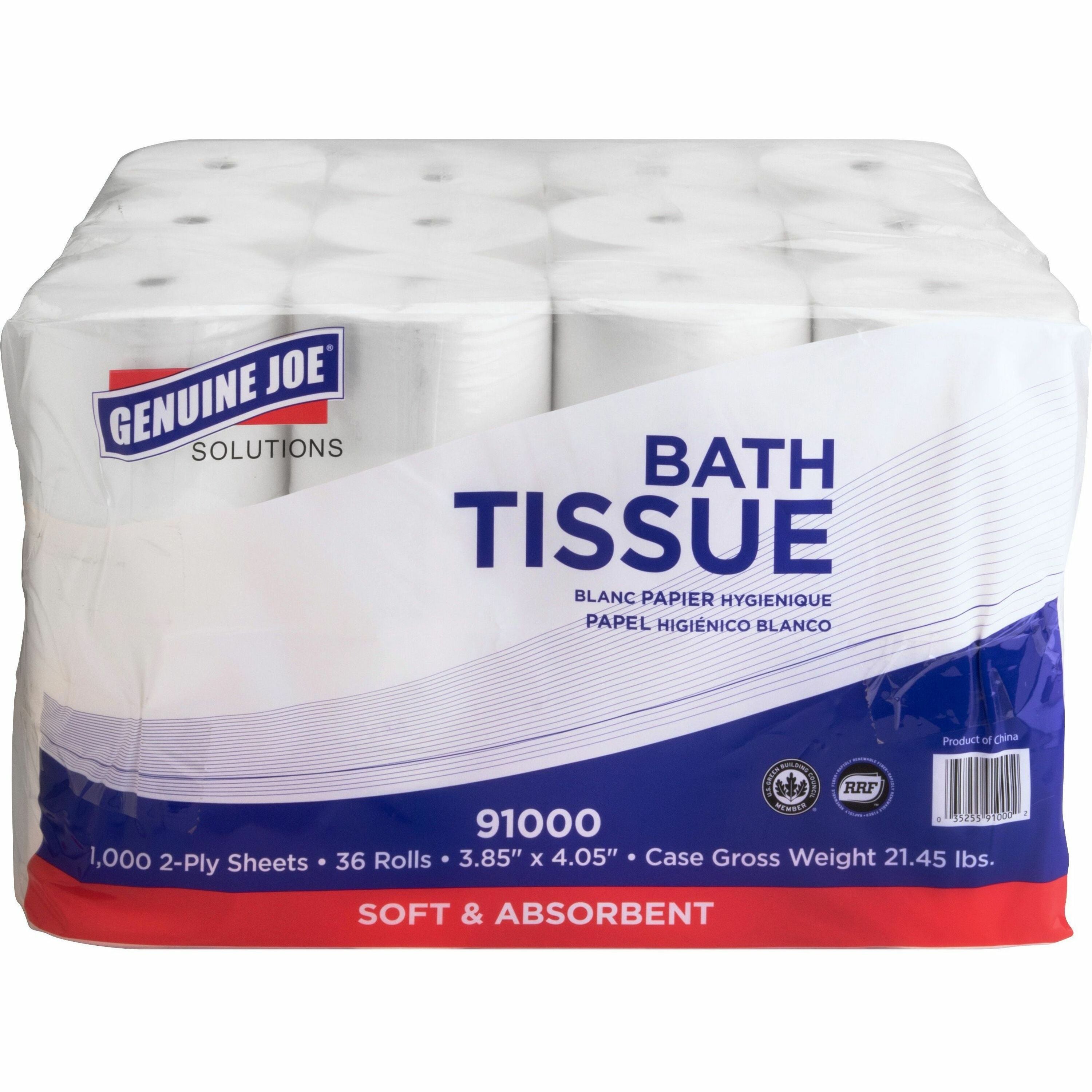 Genuine Joe Solutions Double Capacity Bath Tissue, 2-Ply, 1000 Sheets per Roll, 45/64" Core, White, Virgin Fiber, 36 Rolls per Carton