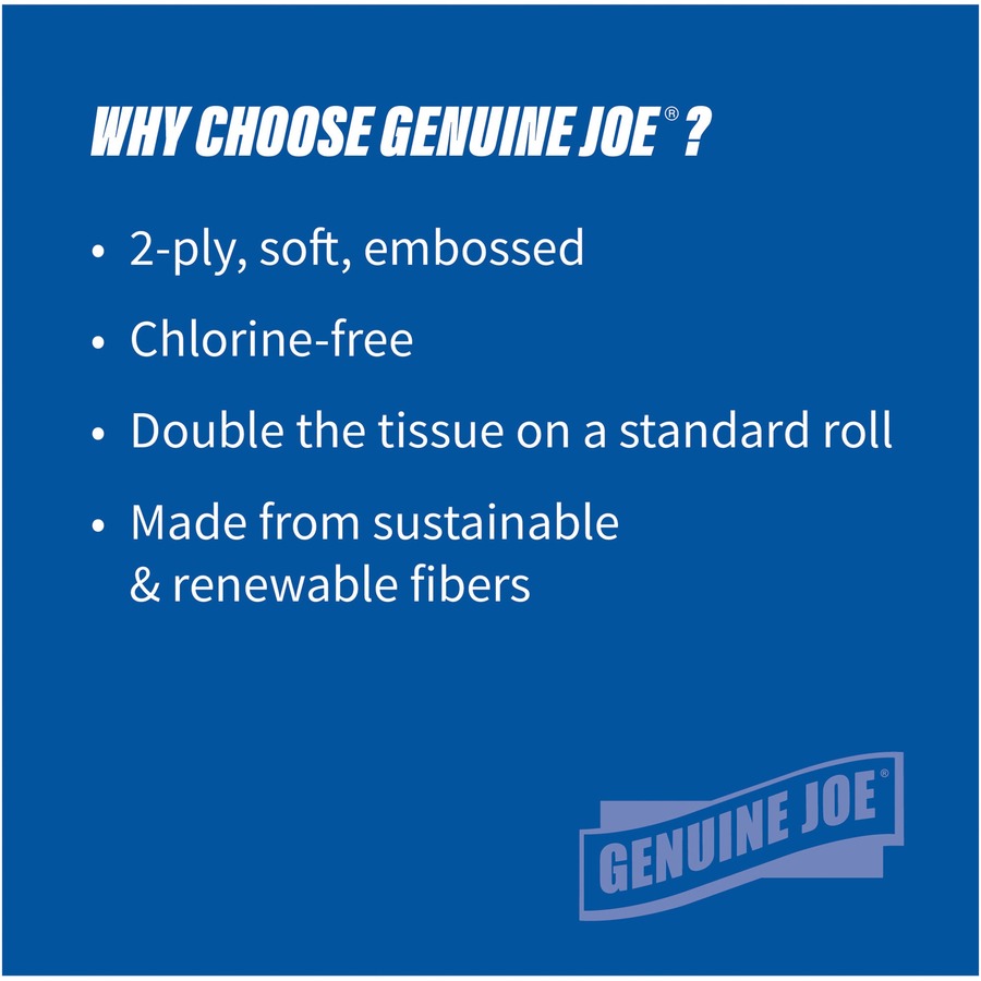 Genuine Joe Solutions Double Capacity Bath Tissue, 2-Ply, 1000 Sheets per Roll, 45/64" Core, White, Virgin Fiber, 36 Rolls per Carton