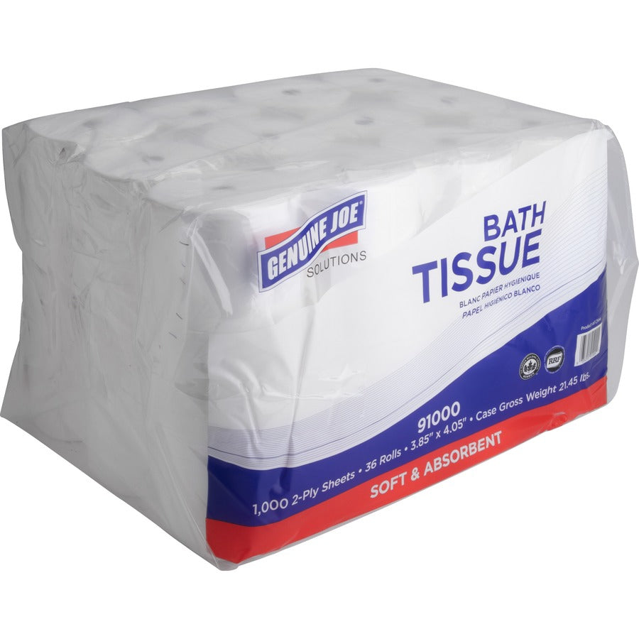 Genuine Joe Solutions Double Capacity Bath Tissue, 2-Ply, 1000 Sheets per Roll, 45/64" Core, White, Virgin Fiber, 36 Rolls per Carton