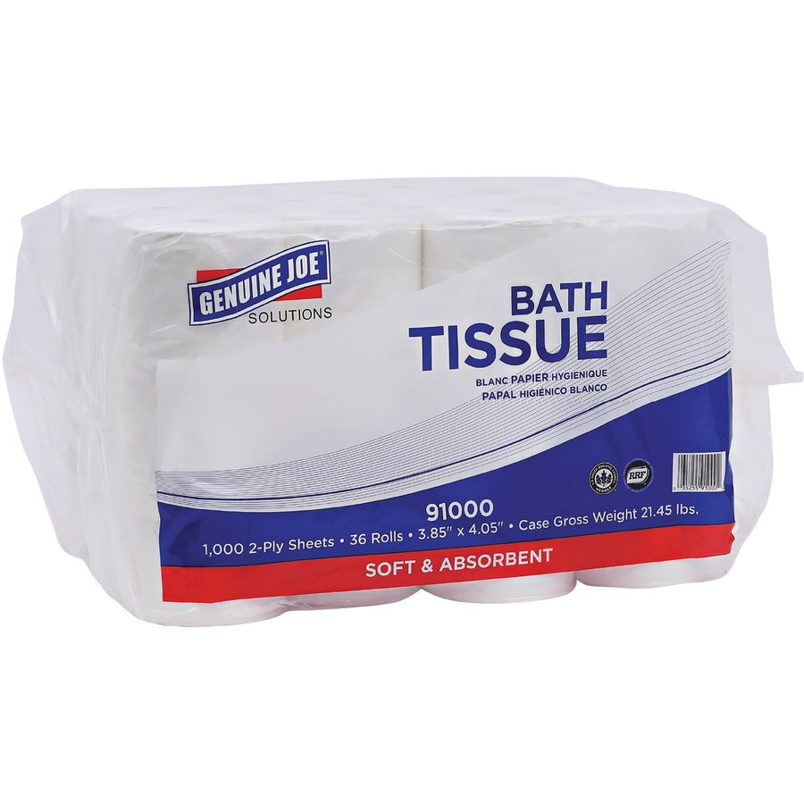 Genuine Joe Solutions Double Capacity Bath Tissue, 2-Ply, 1000 Sheets per Roll, 45/64" Core, White, Virgin Fiber, 36 Rolls per Carton