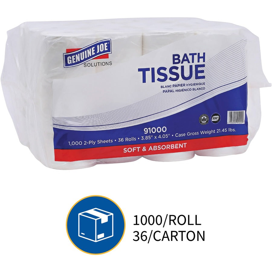Genuine Joe Solutions Double Capacity Bath Tissue, 2-Ply, 1000 Sheets per Roll, 45/64" Core, White, Virgin Fiber, 36 Rolls per Carton