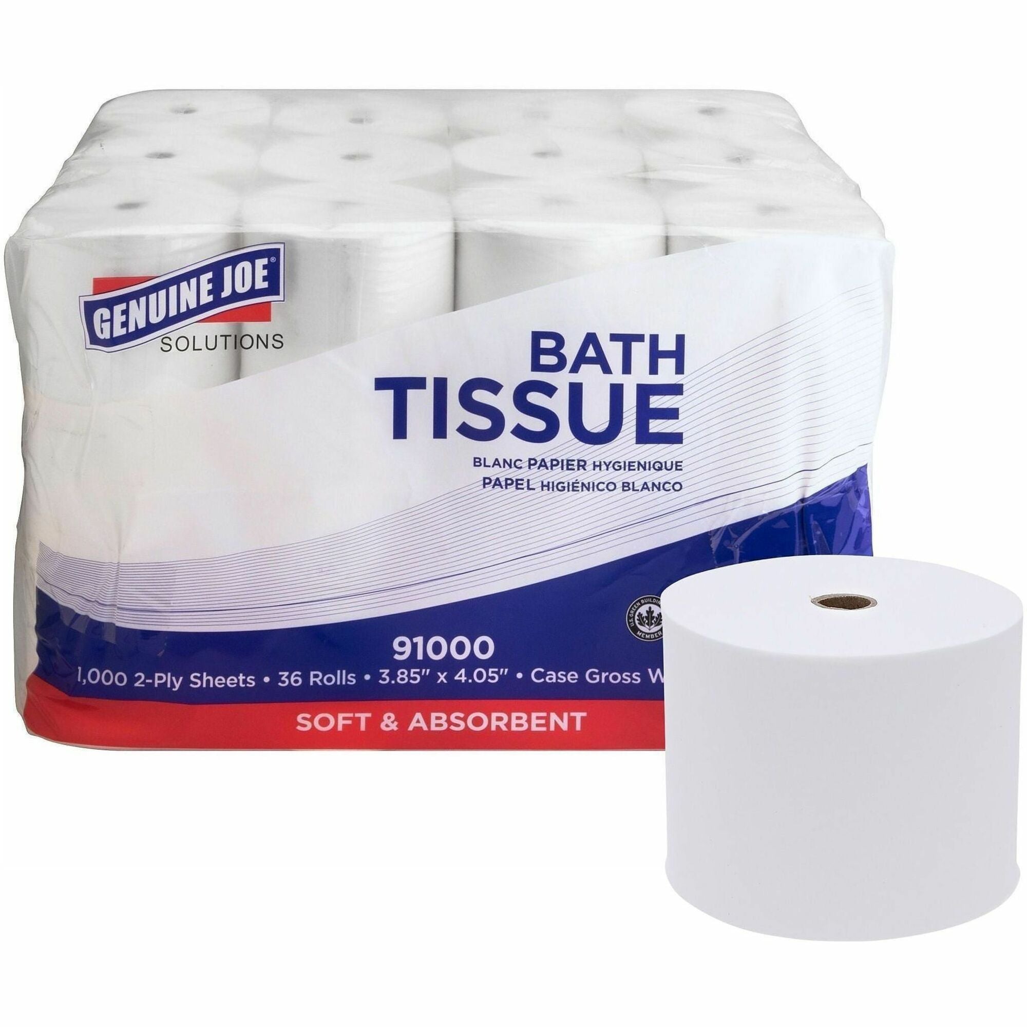 Genuine Joe Solutions Double Capacity Bath Tissue, 2-Ply, 1000 Sheets per Roll, 45/64" Core, White, Virgin Fiber, 36 Rolls per Carton