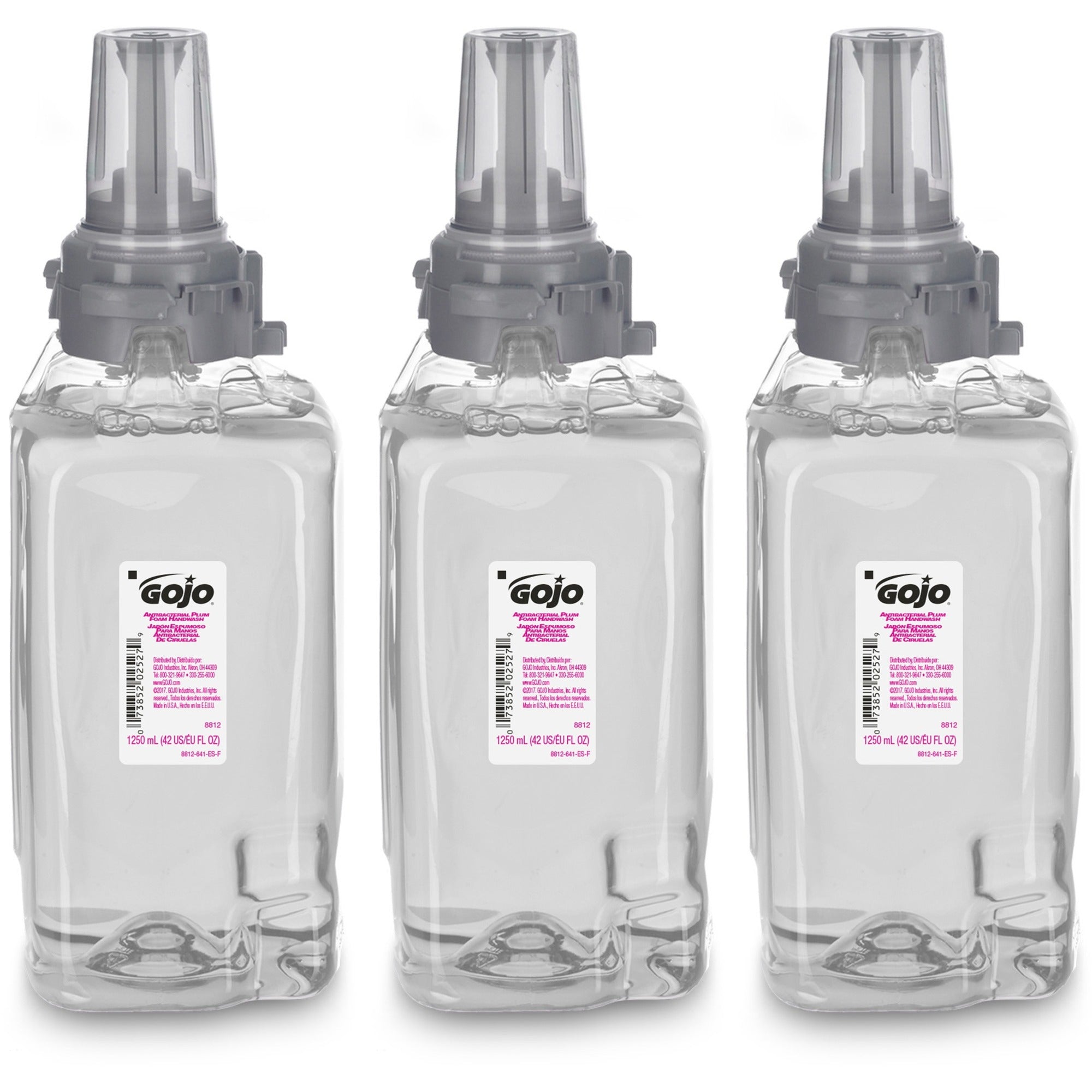 Gojo Antibacterial Handwash ADX-12 Dispenser Refill, Plum Scent, 1.32 Quart, Clear, Rich Lather, Moisturizing, Antibacterial, Push Pump, 3 per Carton