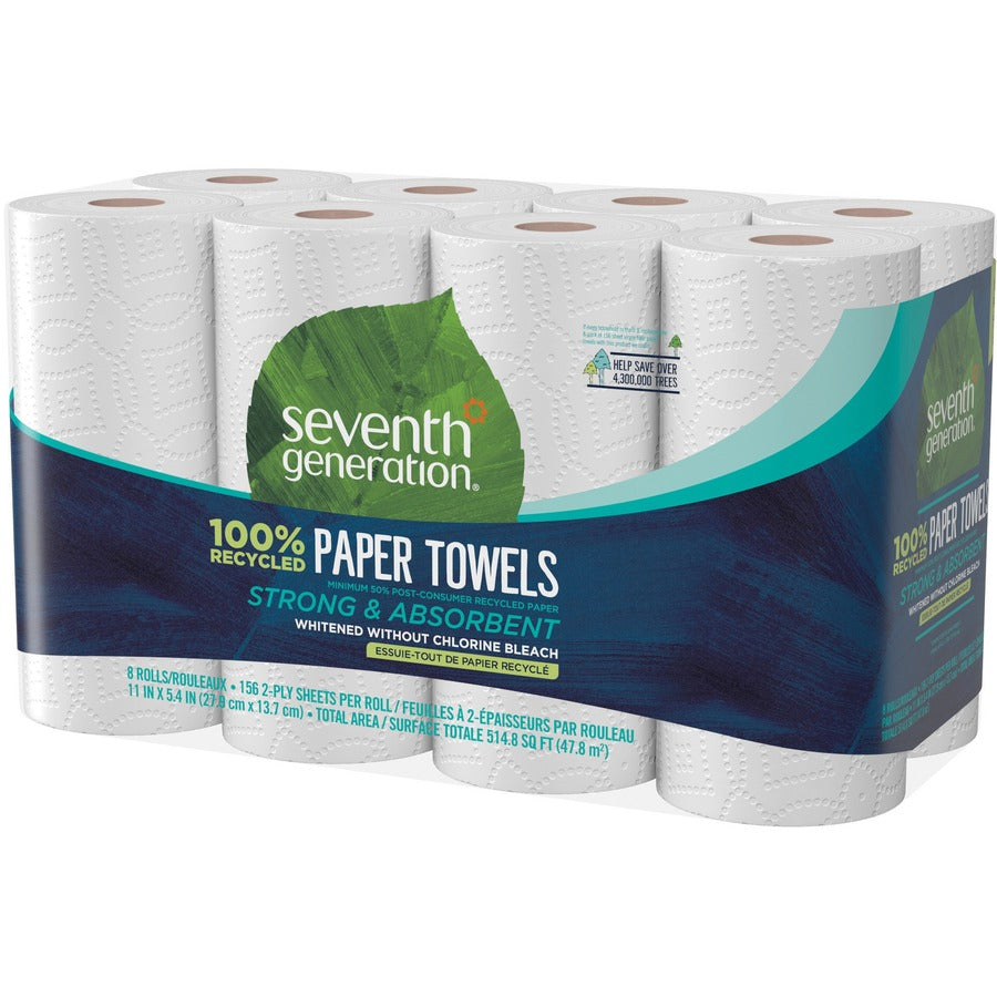 Seventh Generation 100% Recycled Paper Towels, 2 Ply, 156 Sheets per Roll, White, 8 Pack