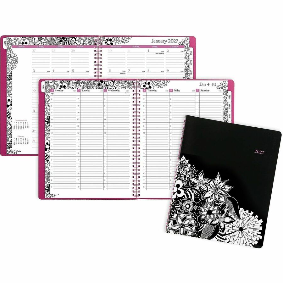 Cambridge FloraDoodle Premium Weekly Monthly Appointment Book, Black, White, Large
