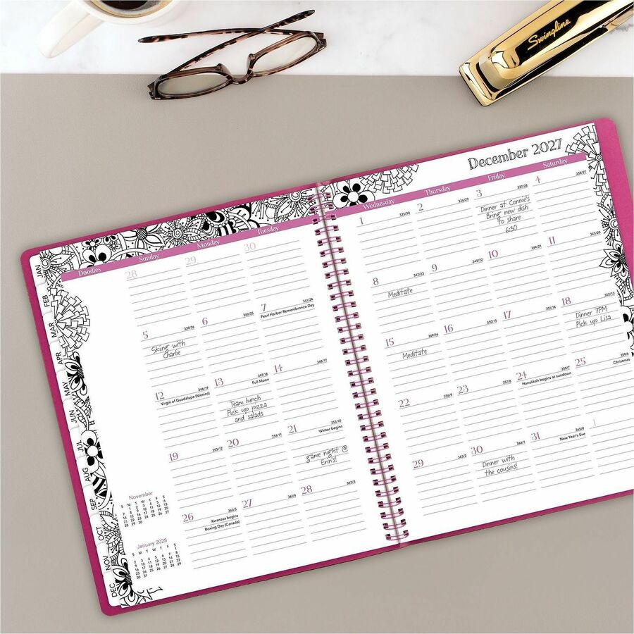 Cambridge FloraDoodle Premium Weekly Monthly Appointment Book, Black, White, Large