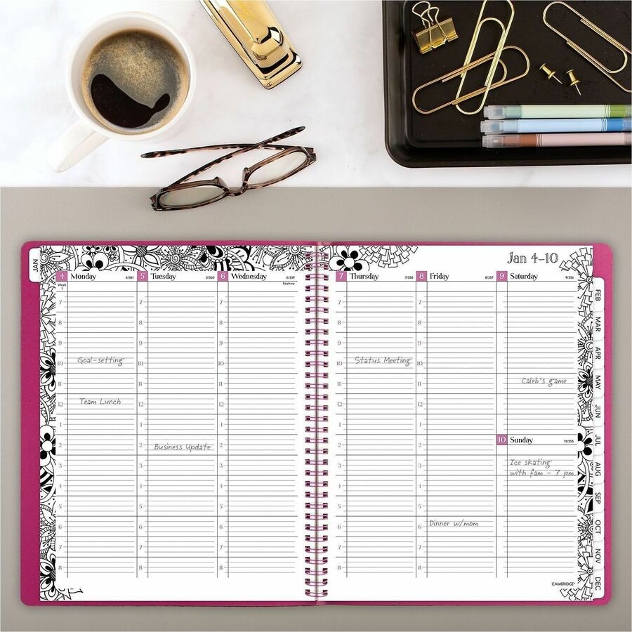 Cambridge FloraDoodle Premium Weekly Monthly Appointment Book, Black, White, Large