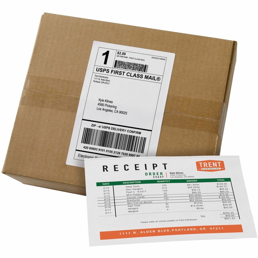 7 5/8" Length - Permanent Adhesive - Rectangle - Laser, Inkjet - White - Paper - Permanent Adhesive, Smudge-free, Jam-free - 1 / Sheet - 100 Total Sheets - 100 Total Label(s) - 1 Box