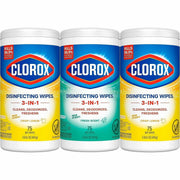 Clorox Disinfecting Bleach Free Cleaning Wipes Value Pack, Fresh Crisp Lemon Scent, 12" x 12", Pre-moistened, White, 75 Wipes per Tub, 3 Tubs per Pack