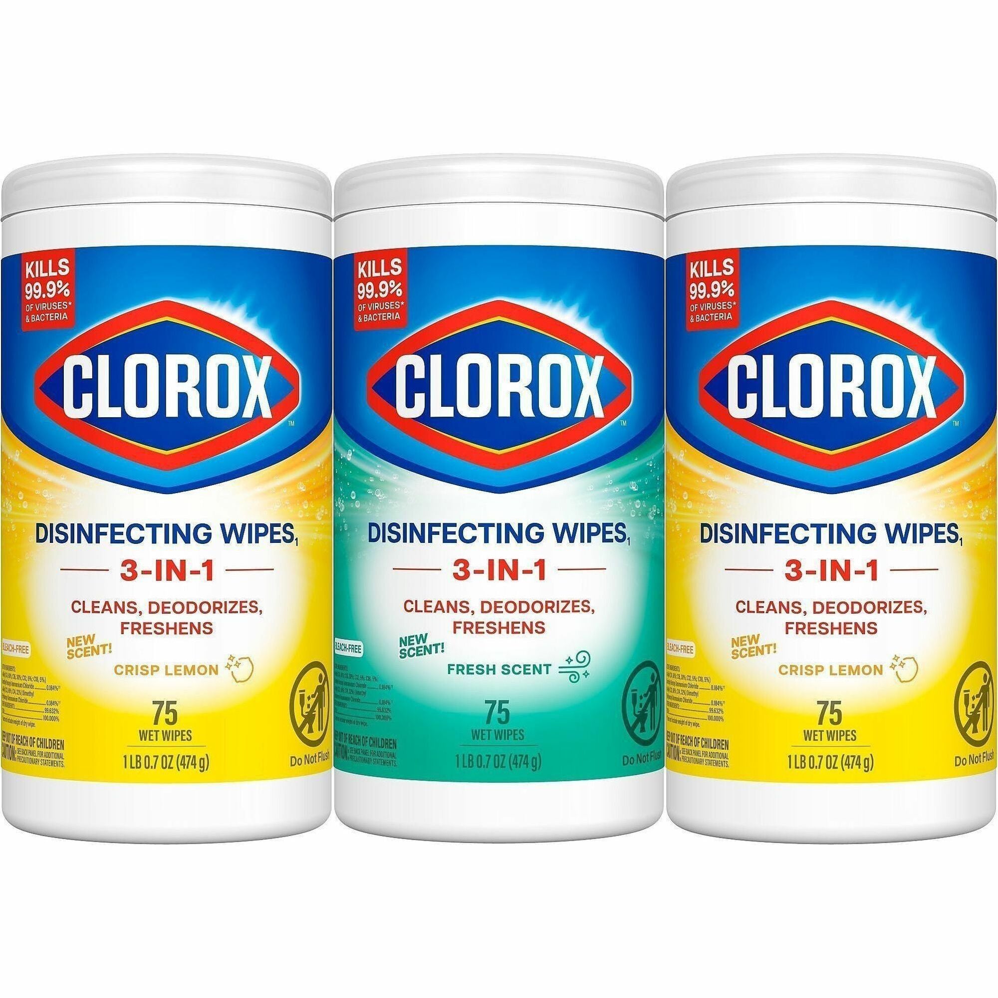 Clorox Disinfecting Bleach Free Cleaning Wipes Value Pack, Fresh Crisp Lemon Scent, 12" x 12", Pre-moistened, White, 75 Wipes per Tub, 3 Tubs per Pack