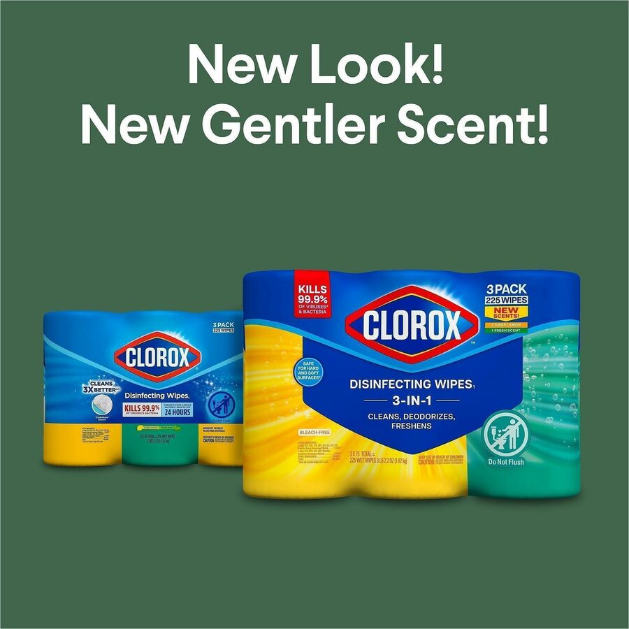 Clorox Disinfecting Bleach Free Cleaning Wipes Value Pack, Fresh Crisp Lemon Scent, 12" x 12", Pre-moistened, White, 75 Wipes per Tub, 3 Tubs per Pack