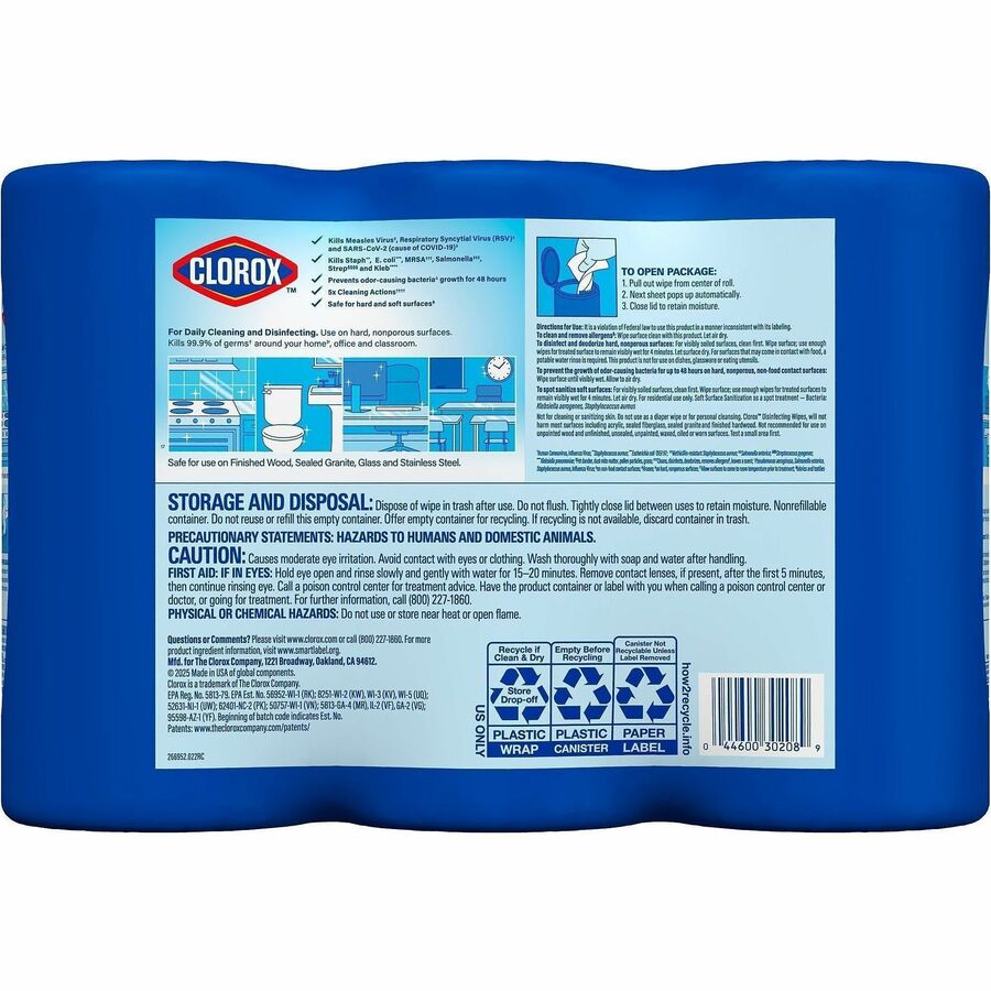 Clorox Disinfecting Bleach Free Cleaning Wipes Value Pack, Fresh Crisp Lemon Scent, 12" x 12", Pre-moistened, White, 75 Wipes per Tub, 3 Tubs per Pack