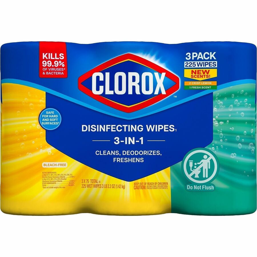 Clorox Disinfecting Bleach Free Cleaning Wipes Value Pack, Fresh Crisp Lemon Scent, 12" x 12", Pre-moistened, White, 75 Wipes per Tub, 3 Tubs per Pack