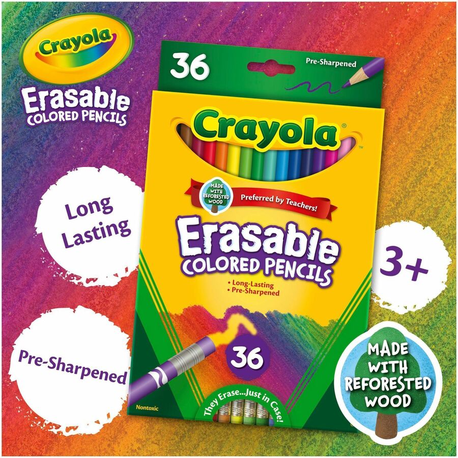 Crayola Erasable Colored Pencils, 3.3 mm Assorted Lead, Thick Point, 36 Pack