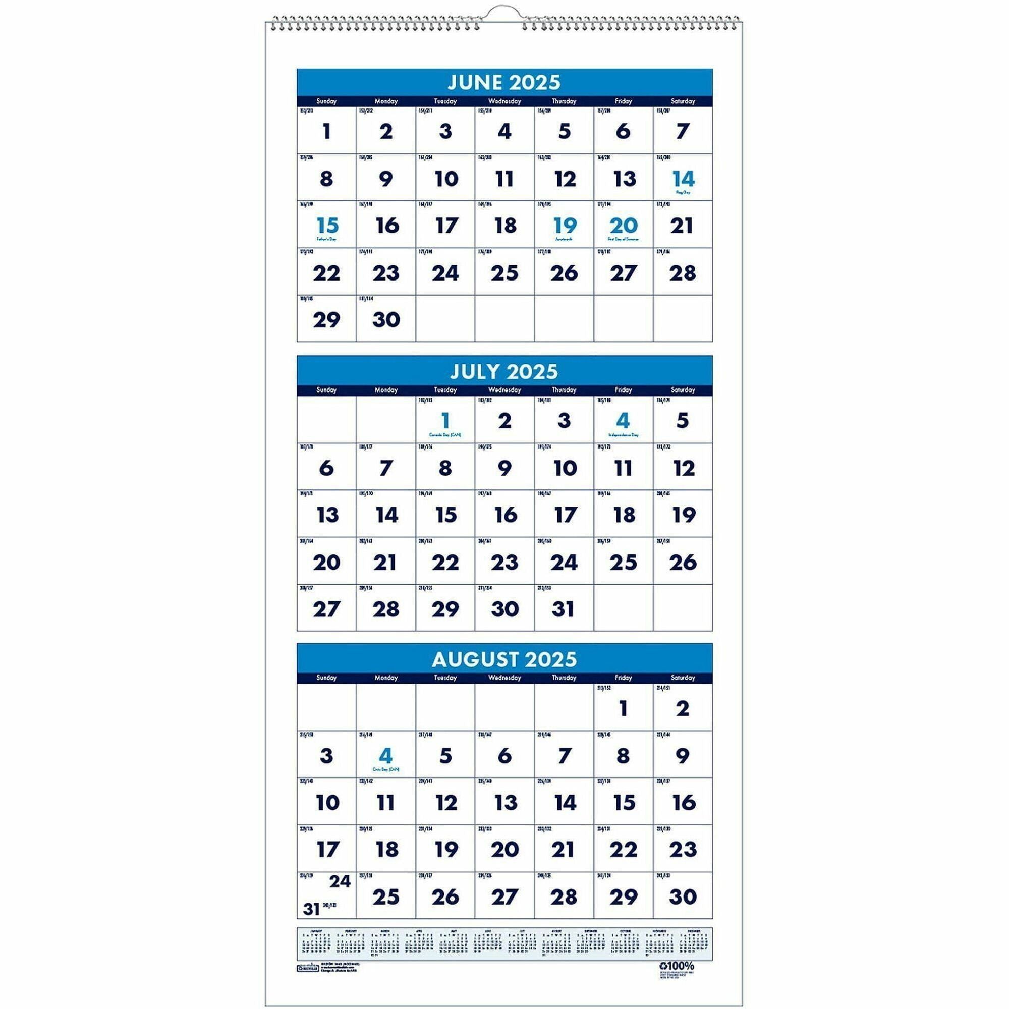 Academic - Julian Dates - Monthly - 14 Month - June 2025 to July 2026 - 3 Month Single Page Layout - Wire Bound - Teal - Paper - 8" Height x 17" Width - Reference Calendar - 1 Each