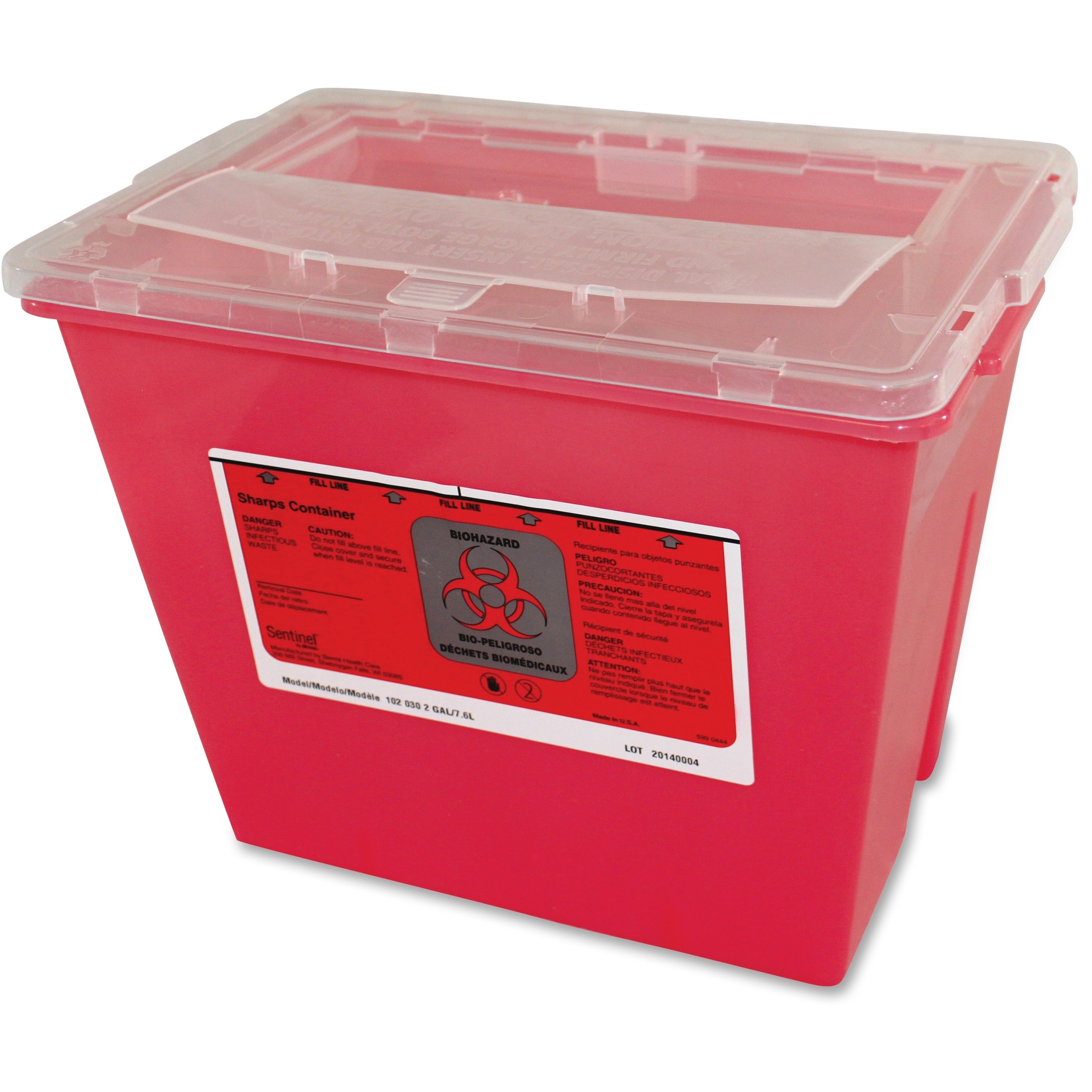 Impact 2-Gallon Sharps Container, Rectangular, Puncture Resistant, Handle, Red/Translucent, 9.2" x 7.9", 30 per Carton