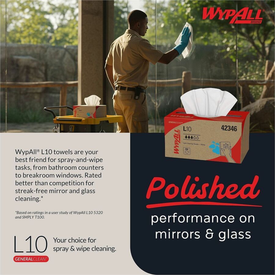 Wypall GeneralClean L10 Light Cleaning Towels, 10.25" x 9", Textured, Absorbent, White, 250 Towels/Box, 24 Boxes/Carton