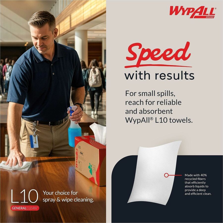 Wypall GeneralClean L10 Light Cleaning Towels, 10.25" x 9", Textured, Absorbent, White, 250 Towels/Box, 24 Boxes/Carton
