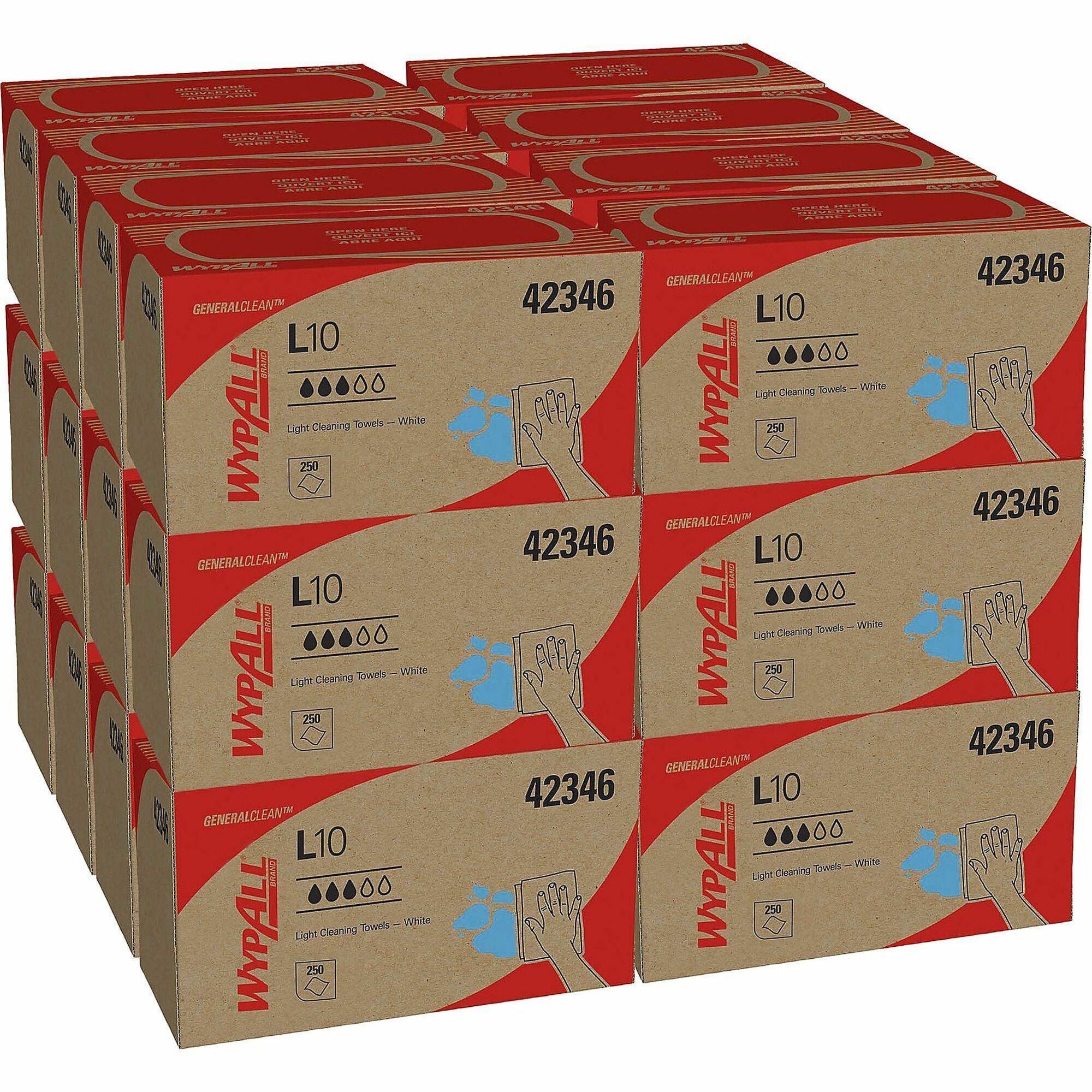Wypall GeneralClean L10 Light Cleaning Towels, 10.25" x 9", Textured, Absorbent, White, 250 Towels/Box, 24 Boxes/Carton