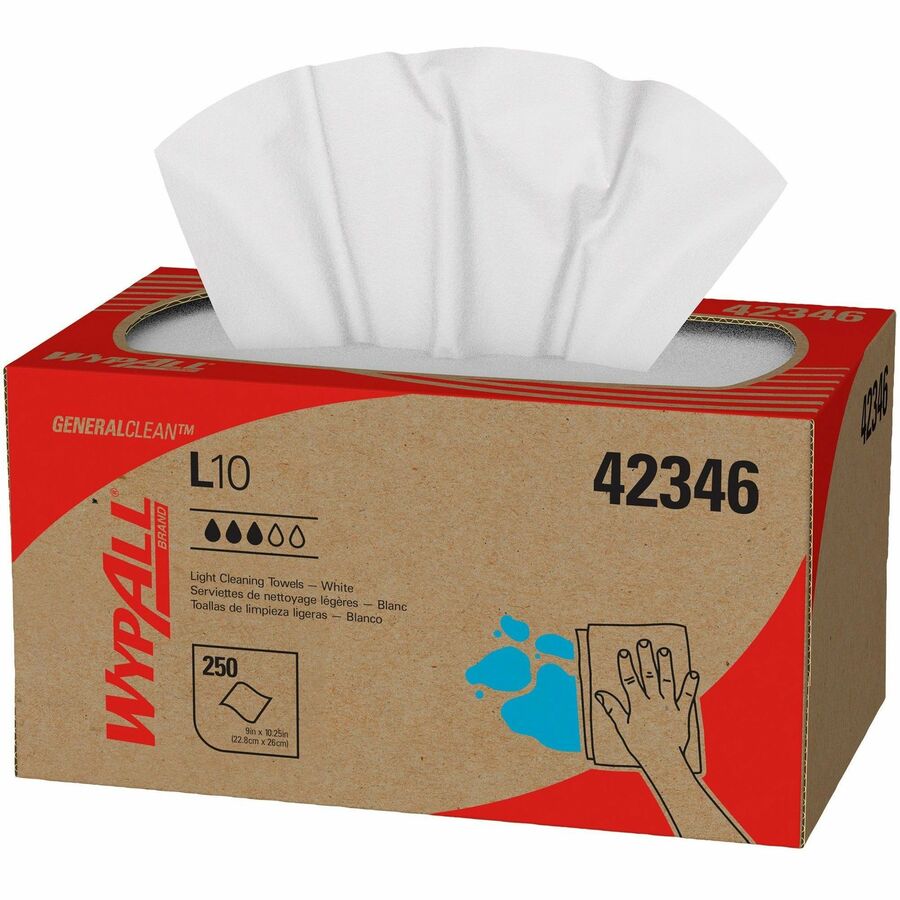 Wypall GeneralClean L10 Light Cleaning Towels, 10.25" x 9", Textured, Absorbent, White, 250 Towels/Box, 24 Boxes/Carton