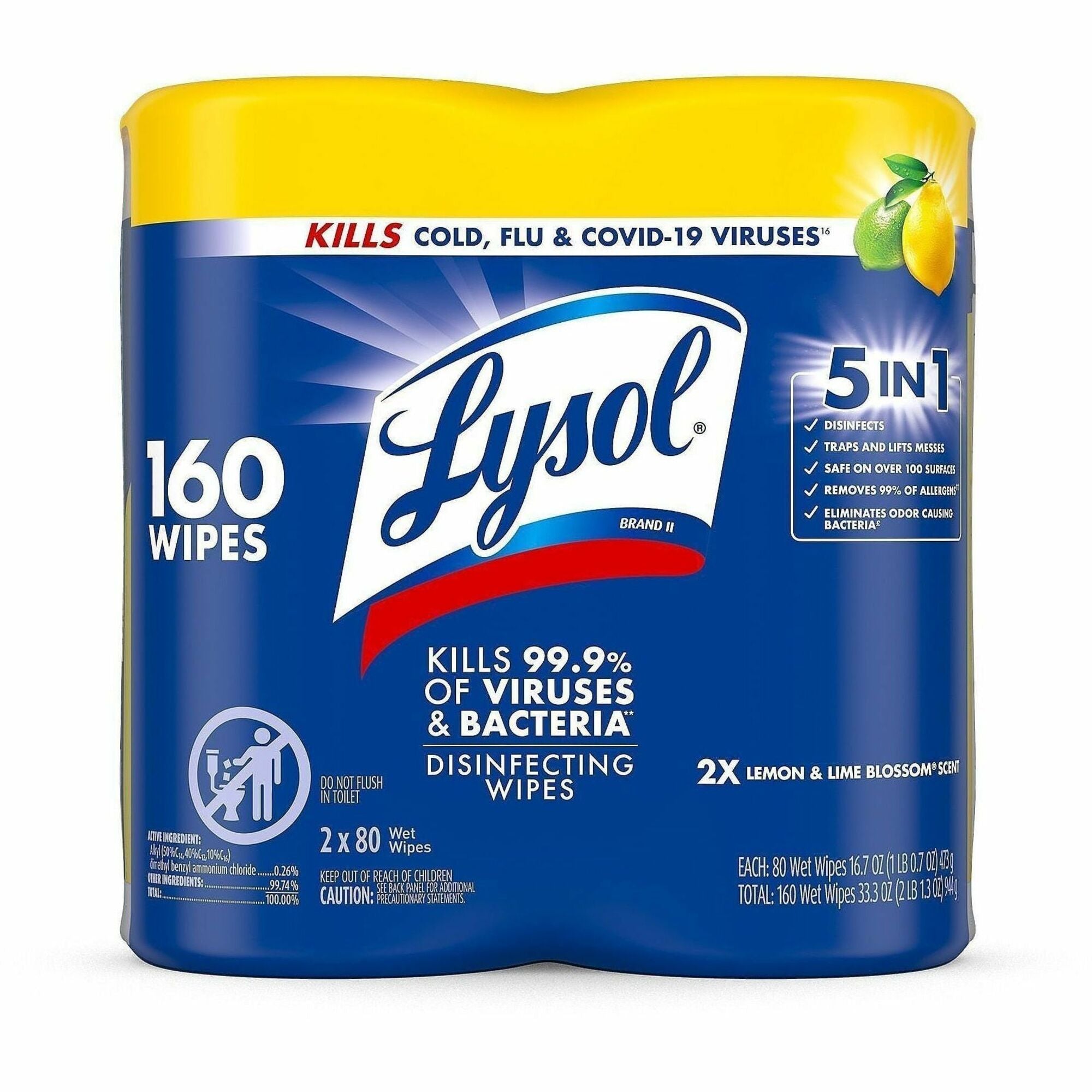 Lysol Disinfecting Wipes, Lemon Lime Scent, 80 Wipes per Tub, 160 Wipes per Pack, Pre-moistened, Antibacterial, White