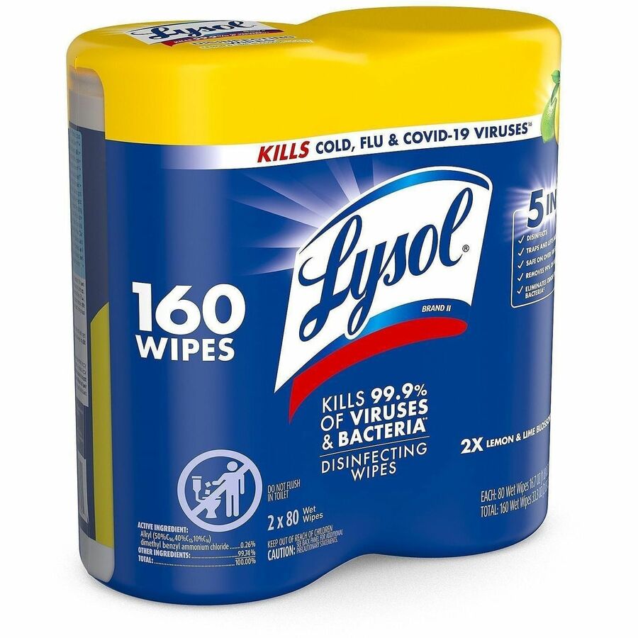 Lysol Disinfecting Wipes, Lemon Lime Scent, 80 Wipes per Tub, 160 Wipes per Pack, Pre-moistened, Antibacterial, White