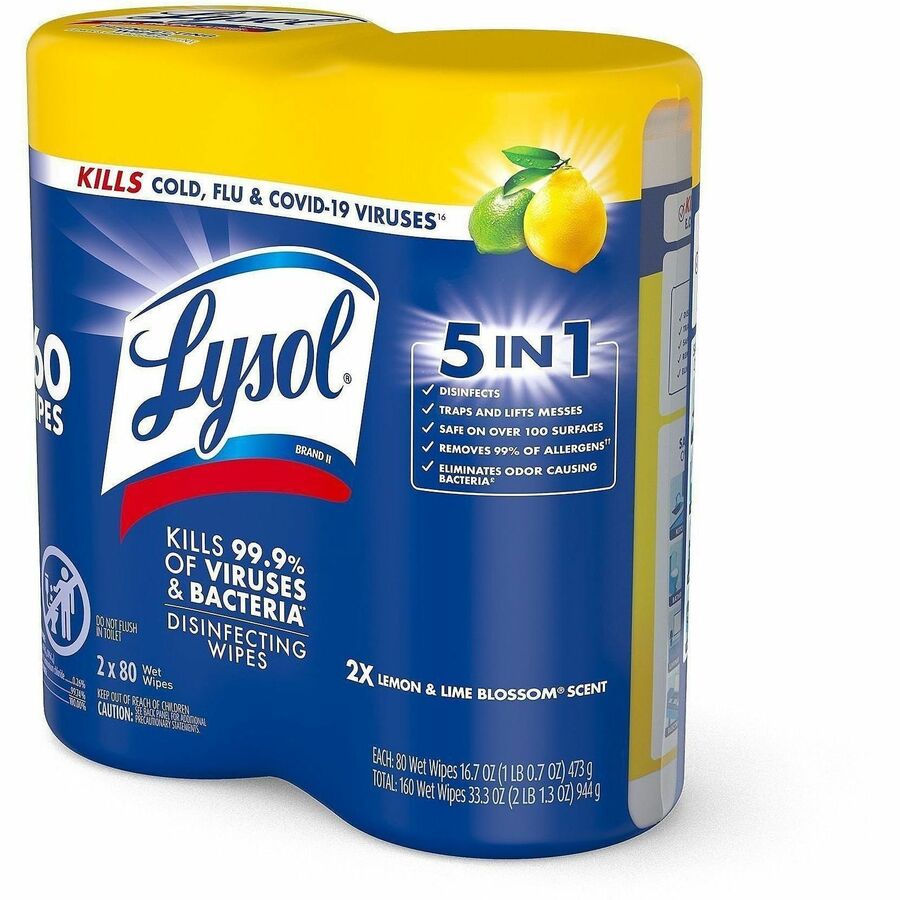 Lysol Disinfecting Wipes, Lemon Lime Scent, 80 Wipes per Tub, 160 Wipes per Pack, Pre-moistened, Antibacterial, White