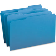 Business Source Legal Size Blue File Folders, 1/3 Cut Top Tab, Assorted Positions, 11 pt., 10% Recycled, 100/Box
