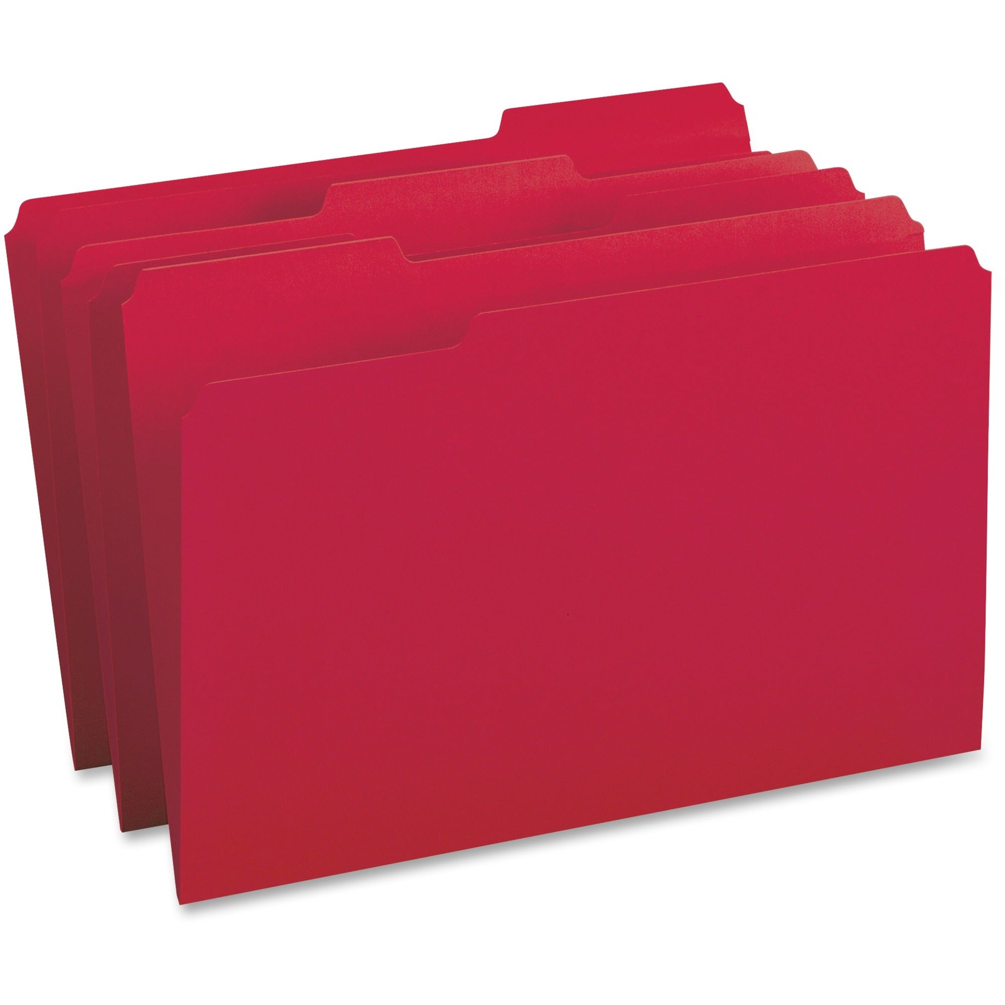 Business Source 1/3 Tab Cut Legal File Folders, Red, 8.5" x 14", Top Tab, Assorted Positions, 11 pt., 10% Recycled, 100/Box