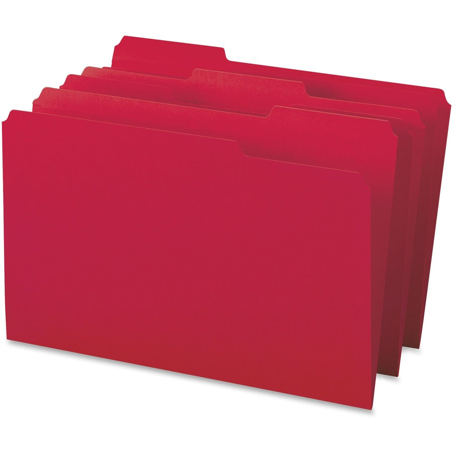 Business Source 1/3 Tab Cut Legal File Folders, Red, 8.5" x 14", Top Tab, Assorted Positions, 11 pt., 10% Recycled, 100/Box