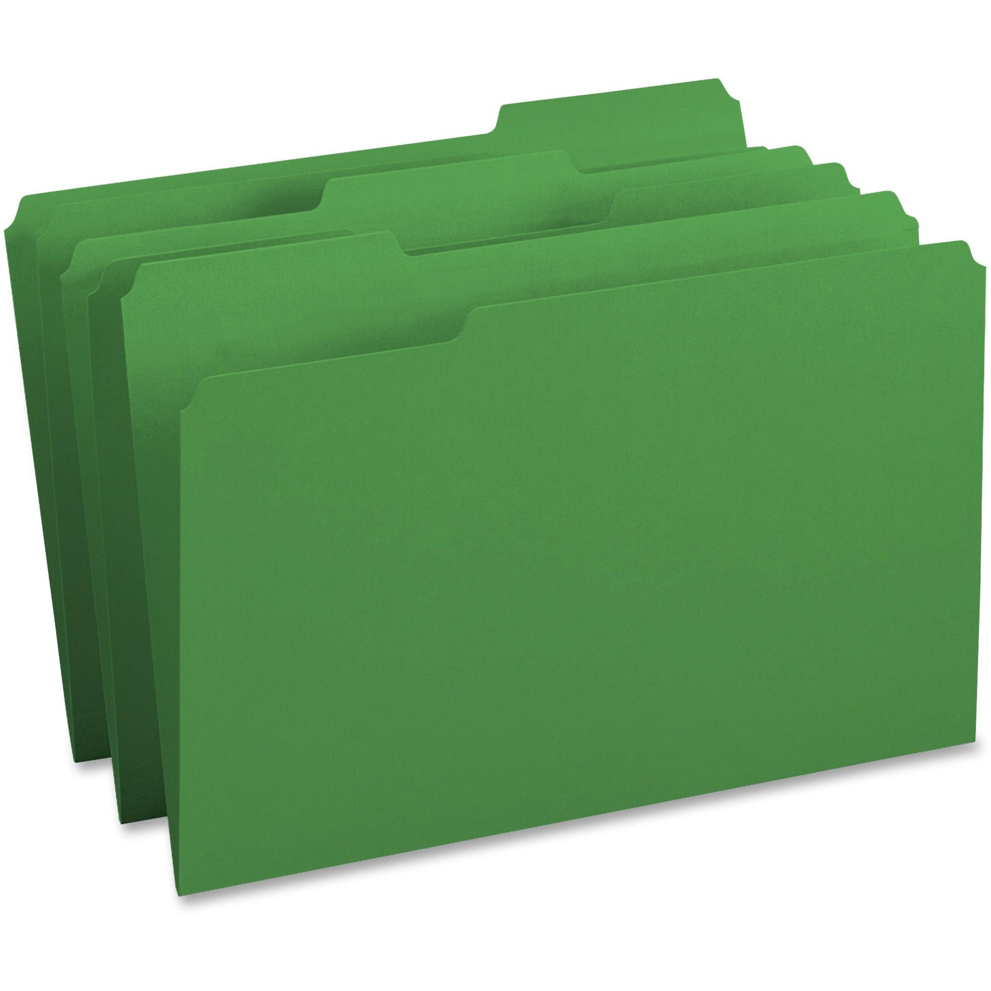 Business Source Legal Size 1/3 Tab Cut Green Recycled Top Tab File Folders, Assorted Tab Positions, 11 pt., 1 Ply, 100/Box