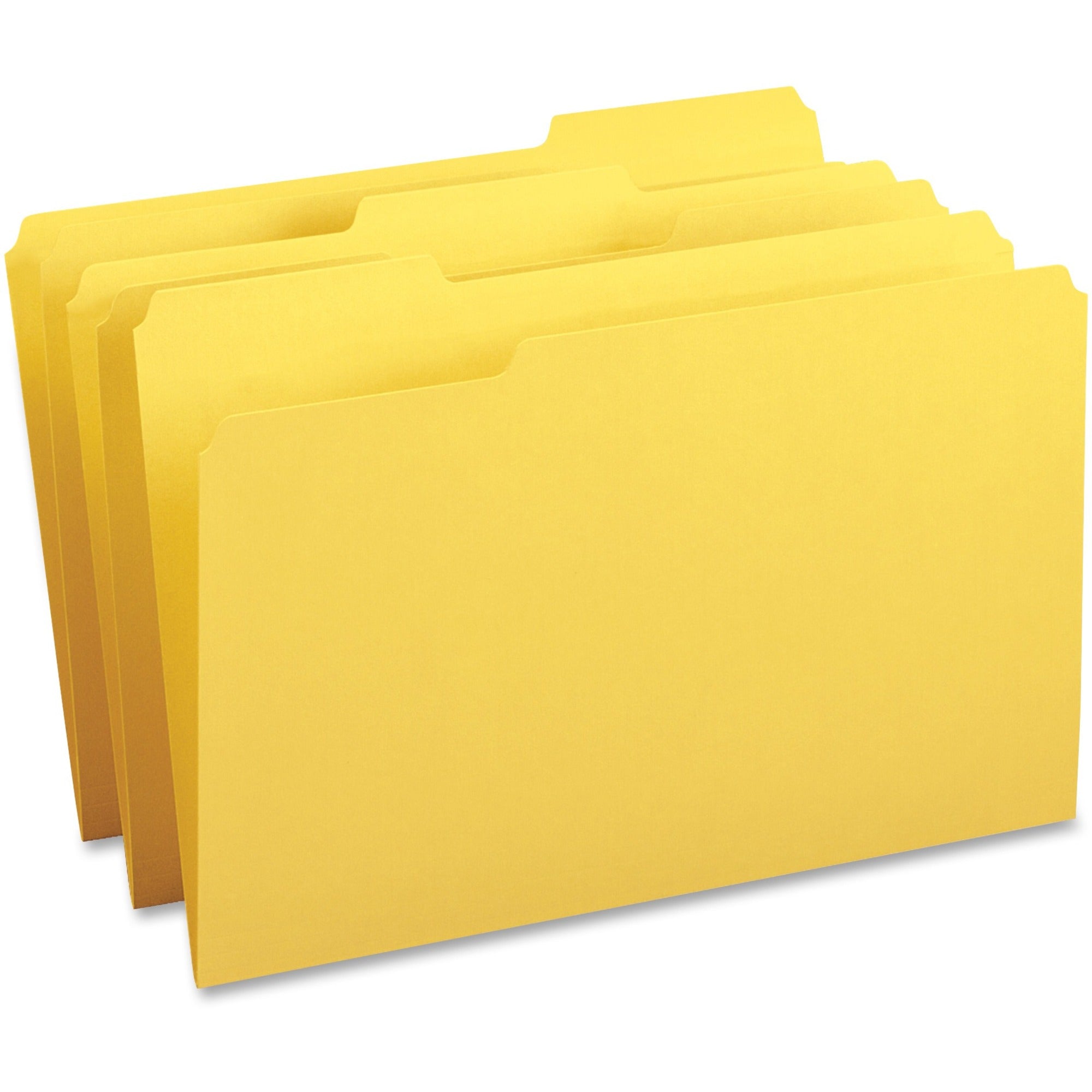 Business Source 1/3 Tab Cut Legal File Folders, Yellow, 8 1/2" x 14", Top Tab, Assorted Tab Position, 11 pt., 10% Recycled, 1 Ply, 100/Box