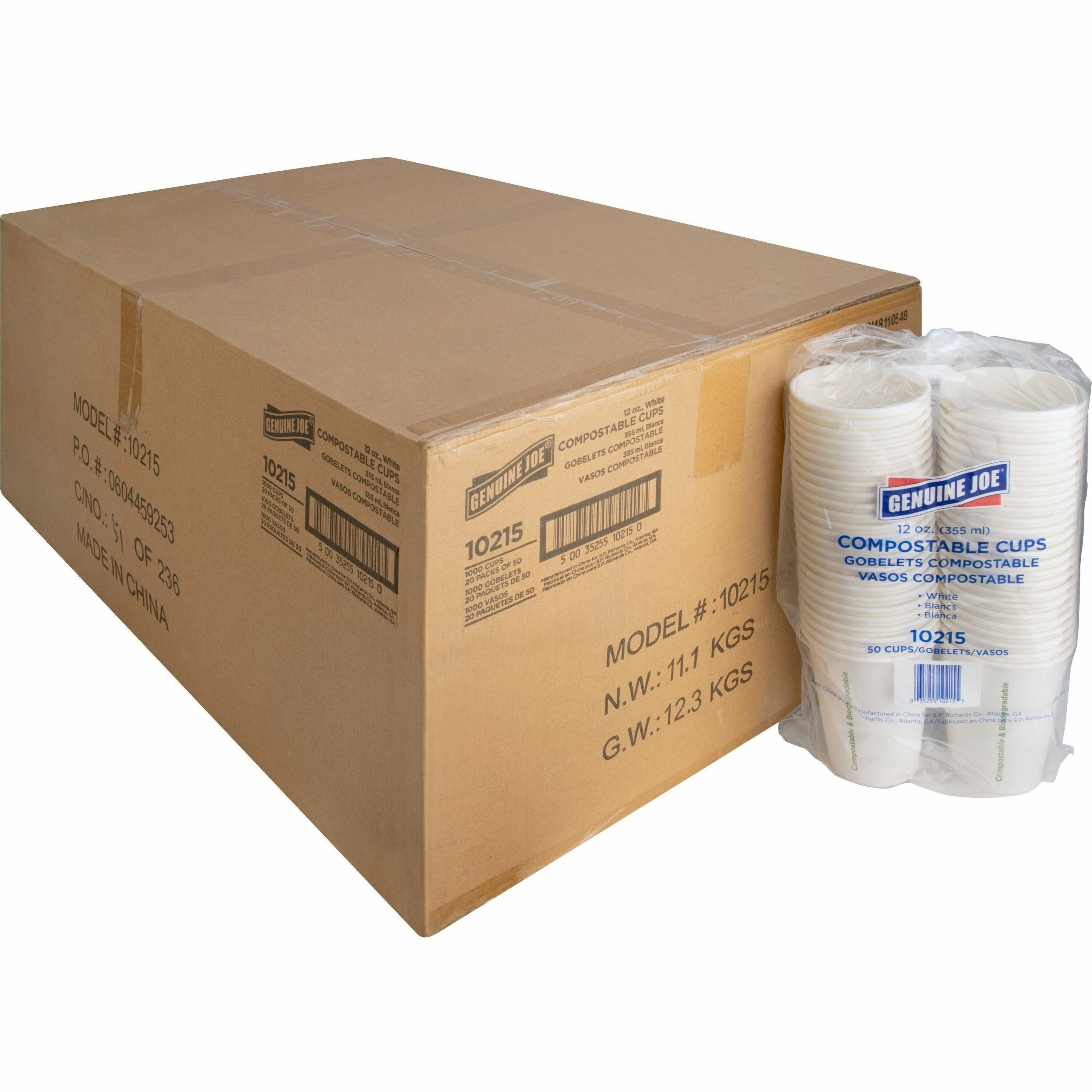 Genuine Joe 12 oz Eco-friendly Paper Cups, White, Paper, 50/Pack, 20 Cartons