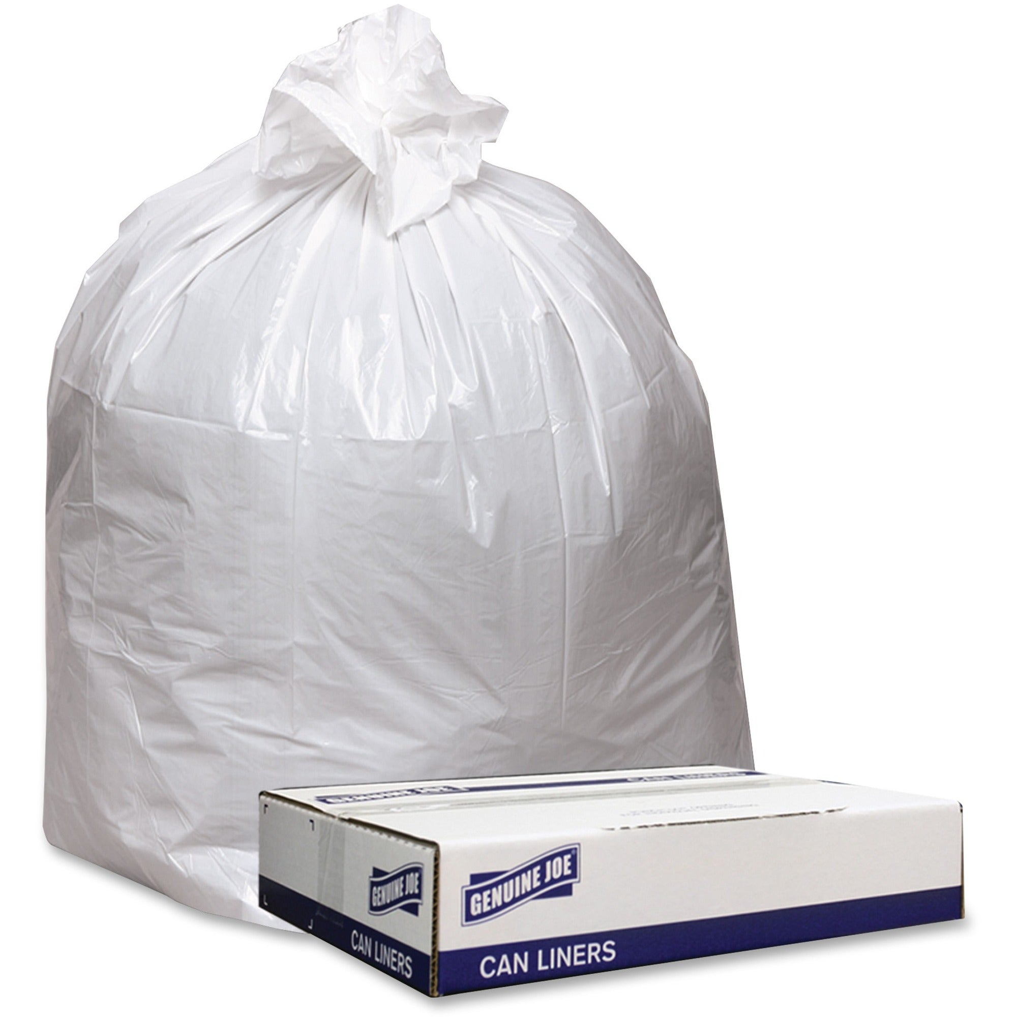 Genuine Joe Low Density White Can Liners, 33 Gallon, 39" x 33", 0.90 mil, Recycled, 100/Carton