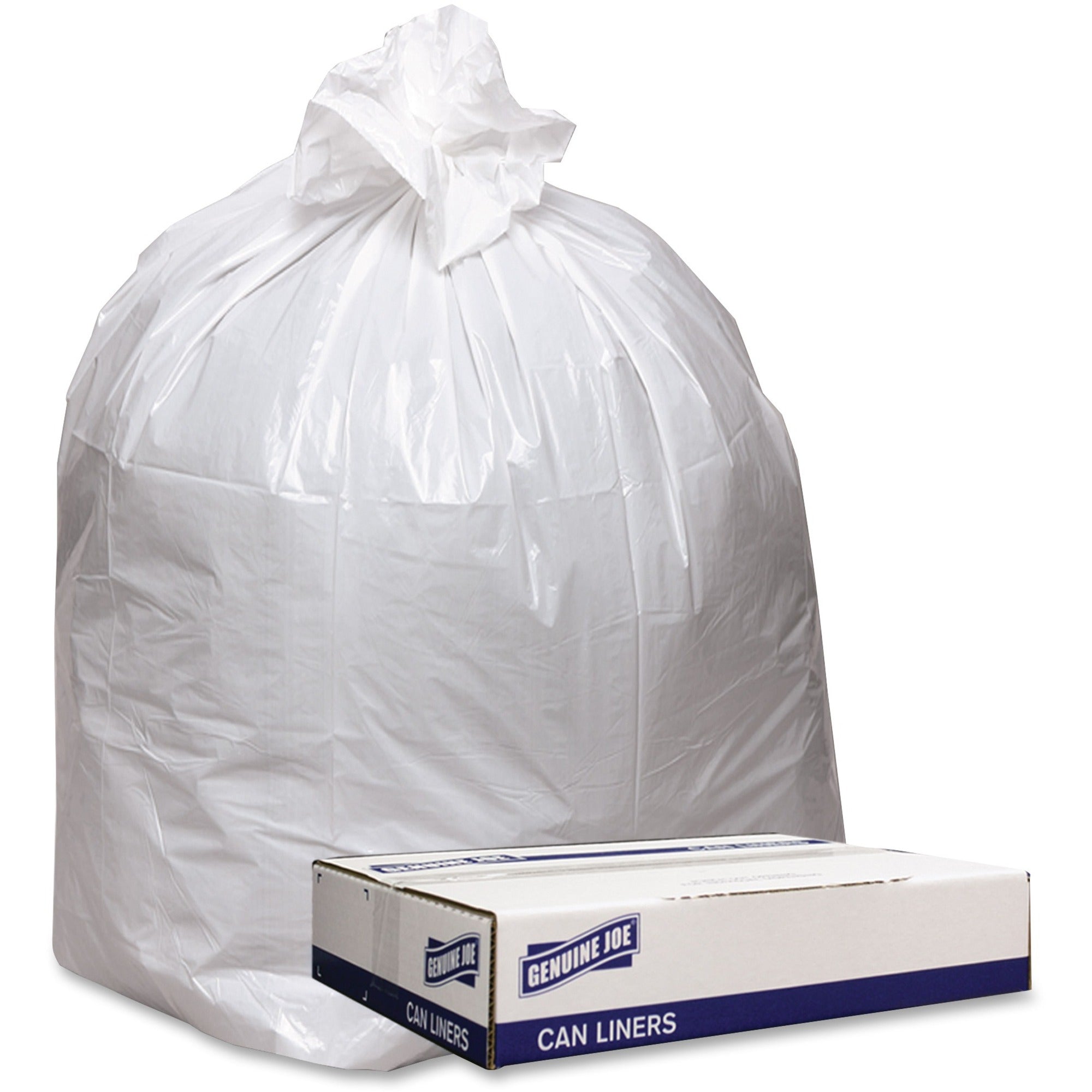 Genuine Joe Low Density White Can Liners, 56 Gallon, 47" x 43", 0.90 mil, Heavy Duty, Leak Resistant, Recycled, 100/Carton