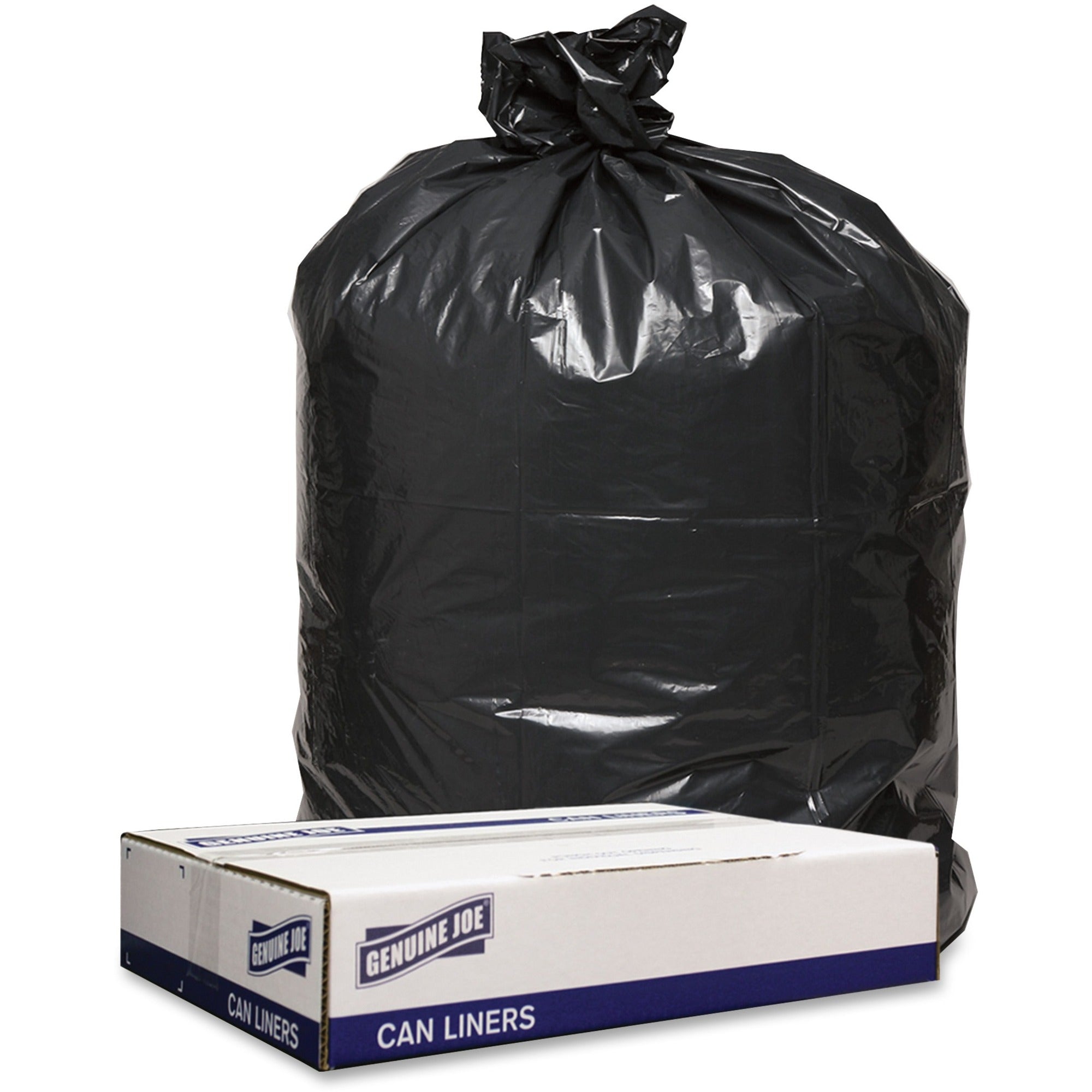 Genuine Joe Low Density Black Can Liners, 56 Gallon, 47" x 43", 1.20 mil, Recycled, 100/Carton