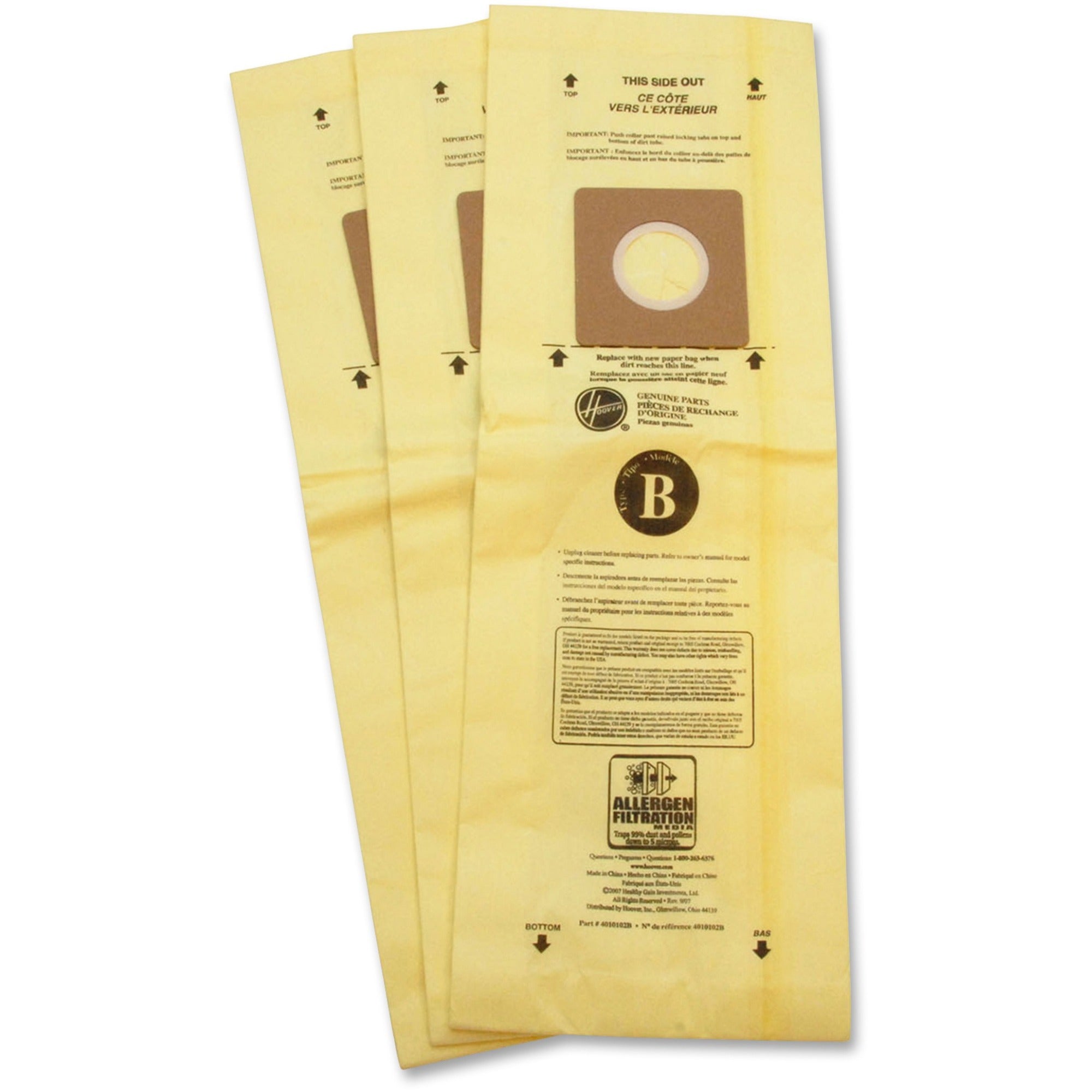 Hoover TaskVac Type-B Allergen Bags, 3 Pack, White
