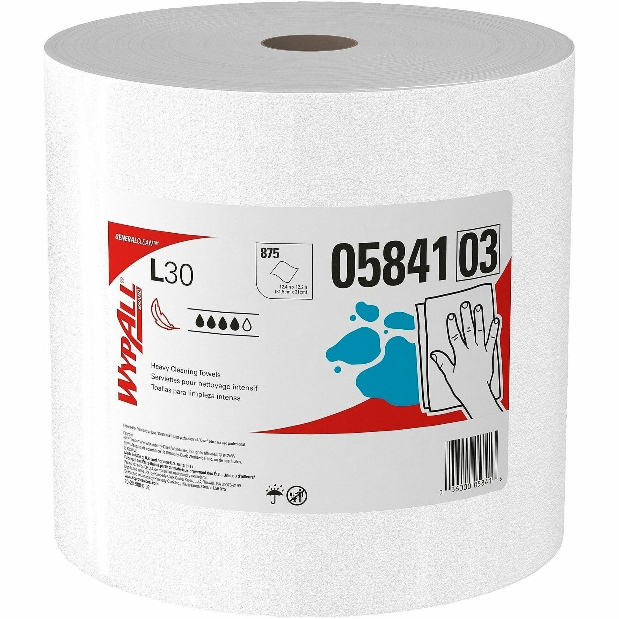 Wypall GeneralClean L30 Heavy Duty Cleaning Towels, 875 Sheets per Roll, White, 1 Carton