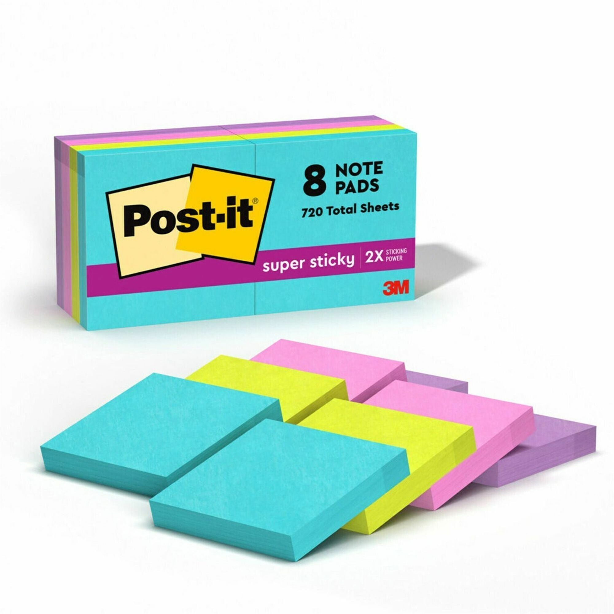 Post-it Super Sticky Notes, Supernova Neons Color Collection, 2" x 2", 720 Multicolor Notes, 90 Sheets per Pad, Aqua Splash, Acid Lime, Tropical Pink, Iris Infusion, Self-adhesive, Recyclable, 1 Pack