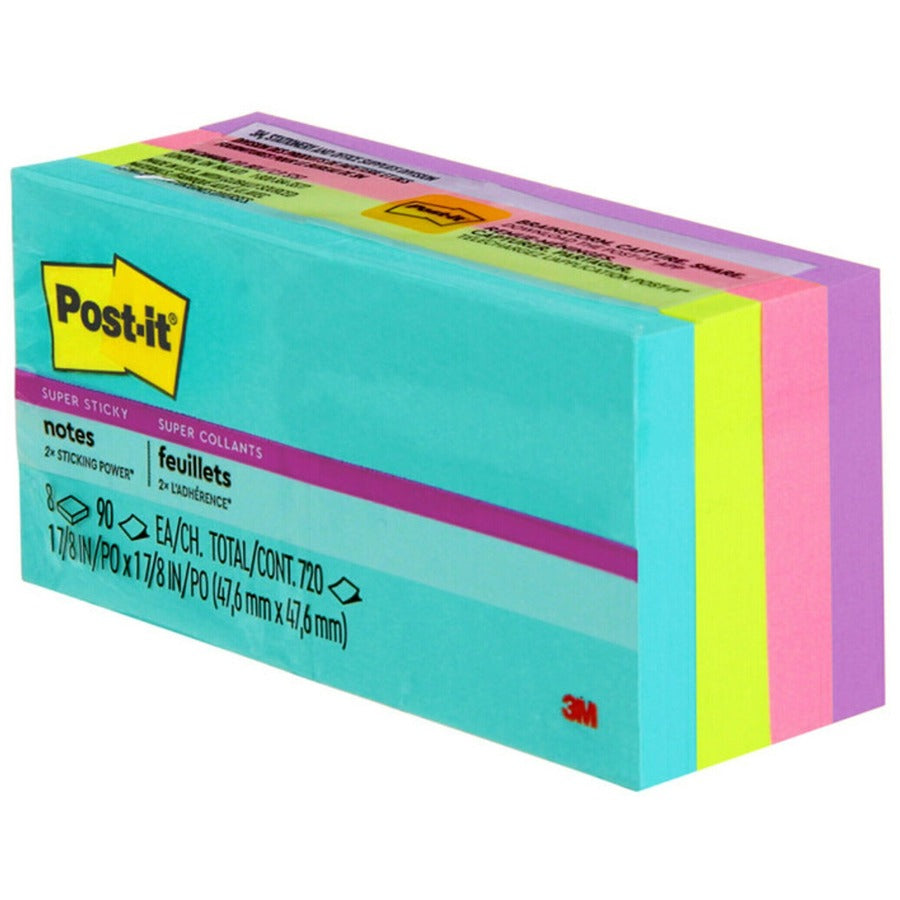 Post-it Super Sticky Notes, Supernova Neons Color Collection, 2" x 2", 720 Multicolor Notes, 90 Sheets per Pad, Aqua Splash, Acid Lime, Tropical Pink, Iris Infusion, Self-adhesive, Recyclable, 1 Pack