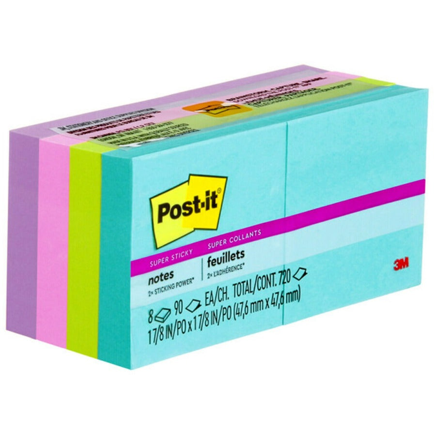 Post-it Super Sticky Notes, Supernova Neons Color Collection, 2" x 2", 720 Multicolor Notes, 90 Sheets per Pad, Aqua Splash, Acid Lime, Tropical Pink, Iris Infusion, Self-adhesive, Recyclable, 1 Pack