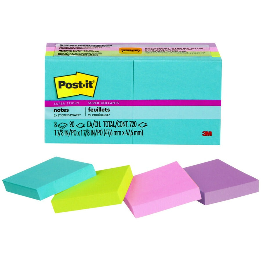 Post-it Super Sticky Notes, Supernova Neons Color Collection, 2" x 2", 720 Multicolor Notes, 90 Sheets per Pad, Aqua Splash, Acid Lime, Tropical Pink, Iris Infusion, Self-adhesive, Recyclable, 1 Pack