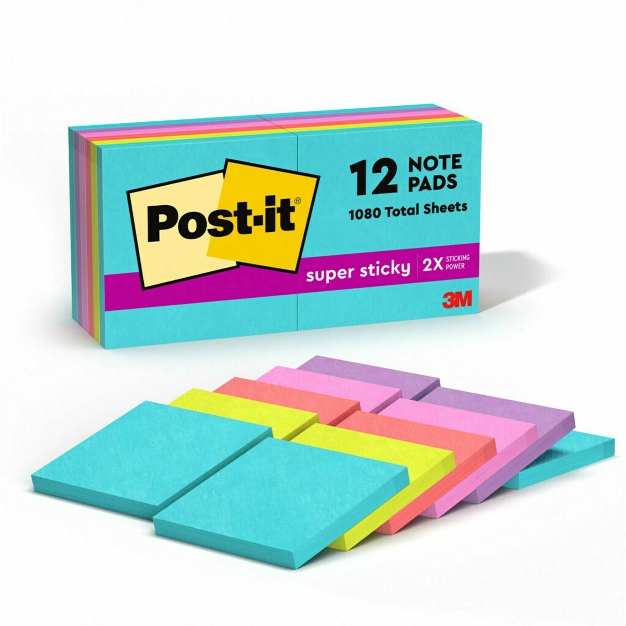 Post-it Super Sticky Notes, Supernova Neons Color Collection, 3" x 3", 1080 Multicolor Notes, 90 Sheets per Pad, 1 Pack, Aqua Splash, Tropical Pink, Acid Lime, Guava, Iris Infusion